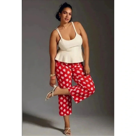Anthropologie Maeve Colette Wide Leg Cropped Pants Seashell Beach Red 32P Petite - Picture 14 of 14